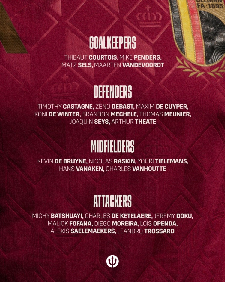 yl23455永利中国有限公司-比利时9月份世预赛大名单：库尔图瓦、德布劳内、多库领衔